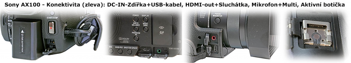 Videokamera Sony FDR-AX100: přípojné zdířky stroje... Videokamera Sony FDR-AX100: přípojné zdířky stroje...