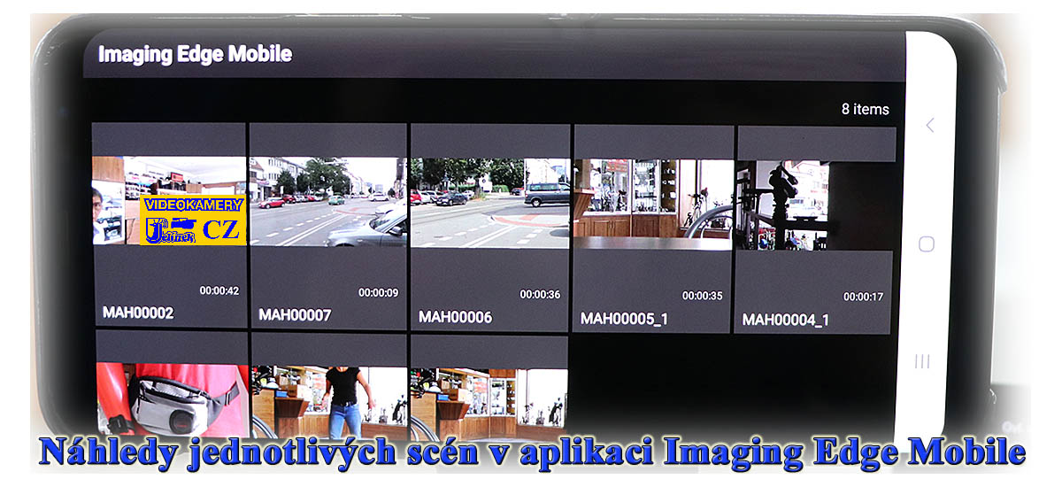 Obrazovka chytrého telefonu s náhledy klipů z kamery Obrazovka chytrého telefonu s náhledy klipů z kamery