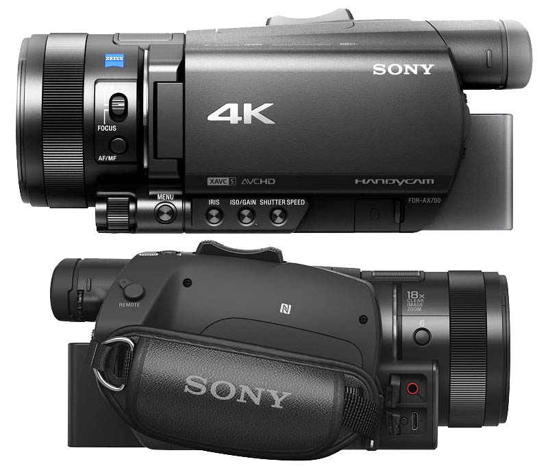 Dva pohledy ze strany na Sony FDR-AX700 Dva pohledy ze strany na Sony FDR-AX700