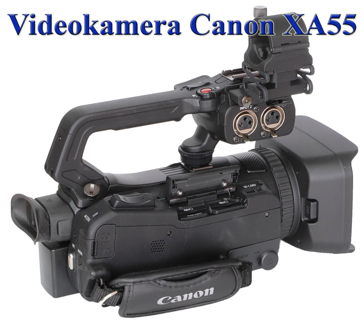 Videokamera Canon XA55 v perspektivě zprava-zezadu Videokamera Canon XA55 v perspektivě zprava-zezadu