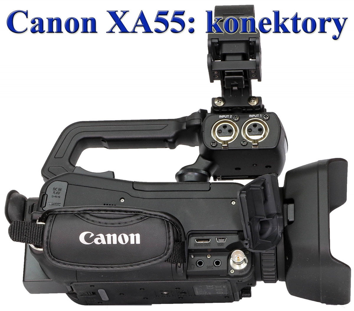 Videokamera Canon XA55 s detailem konektorů zprava Videokamera Canon XA55 s detailem konektorů zprava