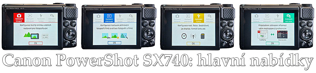 Canon PS-SX740: Všechny podkarty nabídky přístroje Canon PS-SX740: Všechny podkarty nabídky přístroje