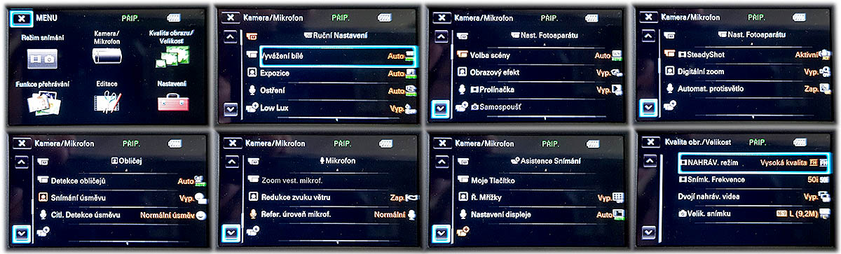 Prvních OSM nabídek z bohatého MENU Sony CX240 Prvních OSM nabídek z bohatého MENU Sony CX240