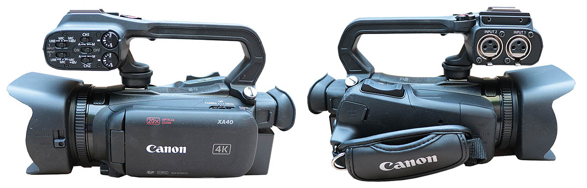 Videokamera Canon XA40 v detailu těla z obou boků Videokamera Canon XA40 v detailu těla z obou boků