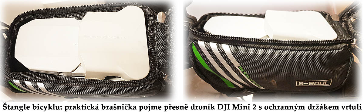 Uložení Dronu DJI Mini 2 do brašničky na cyklistický rám Uložení Dronu DJI Mini 2 do brašničky na cyklistický rám