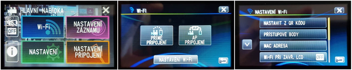 Obrazovky nabídek MENU s funkcí Wi-Fi u JVC RX625 Obrazovky nabídek MENU s funkcí Wi-Fi u JVC RX625