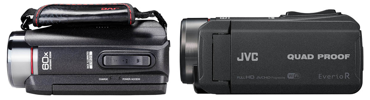Videokamera JVC GZ-RX625: tělo shora a z levoboku Videokamera JVC GZ-RX625: tělo shora a z levoboku