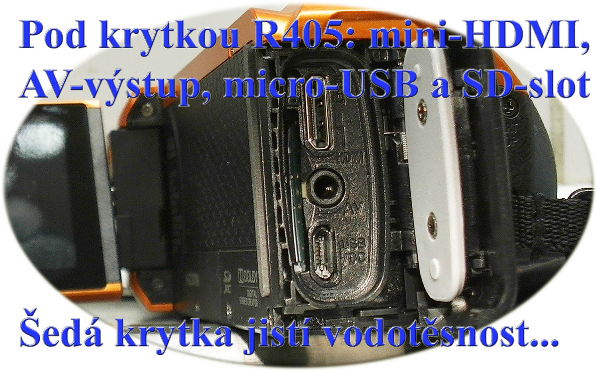 Detail zdířek pod vodotěsnou krytkou videokamer JVC Detail zdířek pod vodotěsnou krytkou videokamer JVC