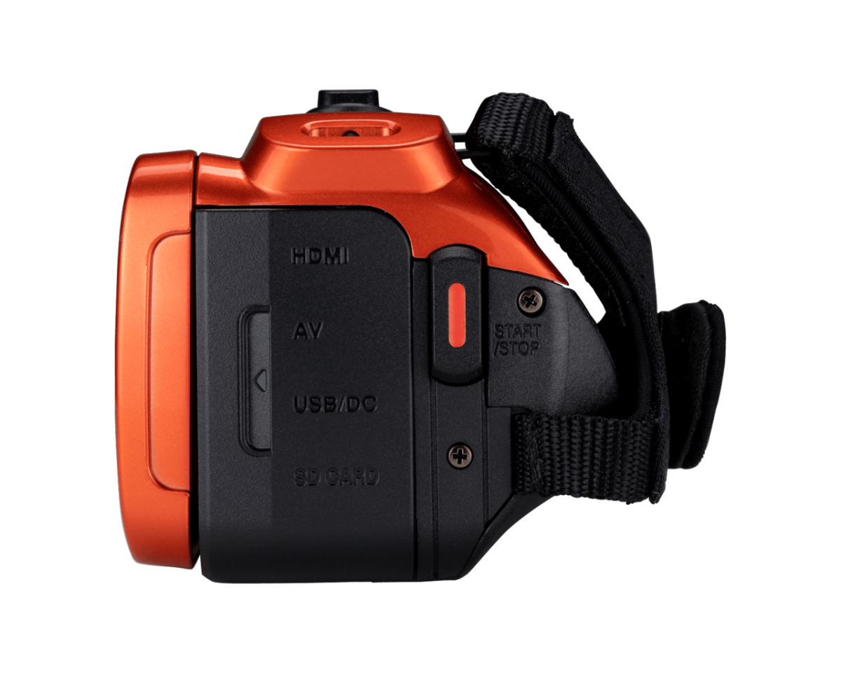 Videokamera JVC GZ-R405 v oranžové barvě zezadu Videokamera JVC GZ-R405 v oranžové barvě zezadu