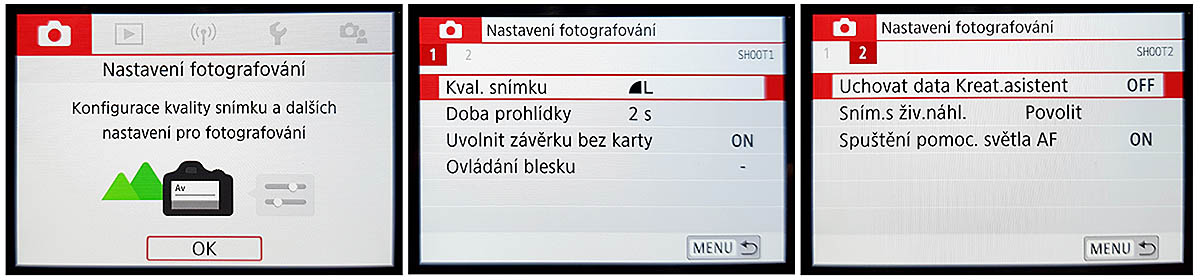 Canon EOS 850D: druhá hlavní nabídka a 2 podnabídky Canon EOS 850D: druhá hlavní nabídka a 2 podnabídky