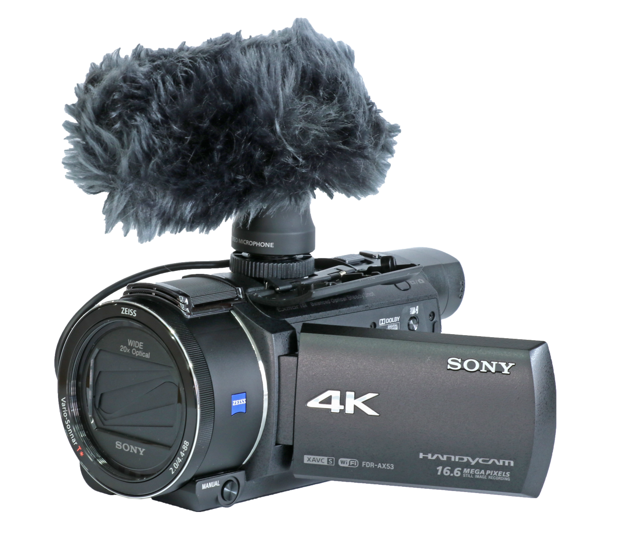 Sony AX53 s mikrofonem Panasonic VSM10 a kožešinou Sony AX53 s mikrofonem Panasonic VSM10 a kožešinou