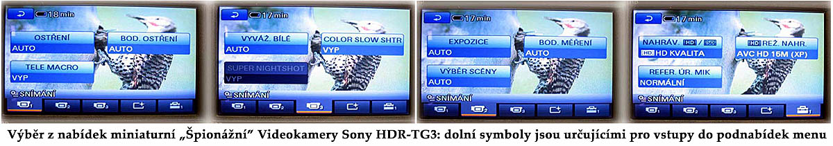 Videokamera Sony HDR-TG3: ukázka z nabídek MENU Videokamera Sony HDR-TG3: ukázka z nabídek MENU