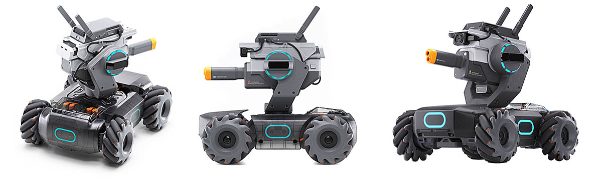 DJI RoboMaster ve třech polohách a detailech stroje DJI RoboMaster ve třech polohách a detailech stroje