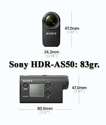 Kamerka Sony HDR-AS50: rozměry a hmotnost strojku Kamerka Sony HDR-AS50: rozměry a hmotnost strojku