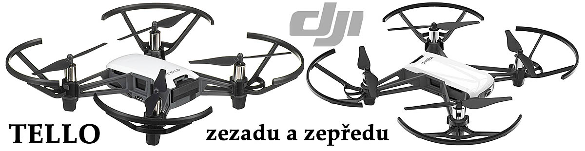 Dron DJI TELLO v názorných detailech zezadu a zepředu Dron DJI TELLO v názorných detailech zezadu a zepředu