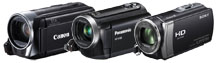 Pohled na trio videokamer CANON HFR306, Panasonic HC-V100 a SONY CX-190 (Klik zvětší)