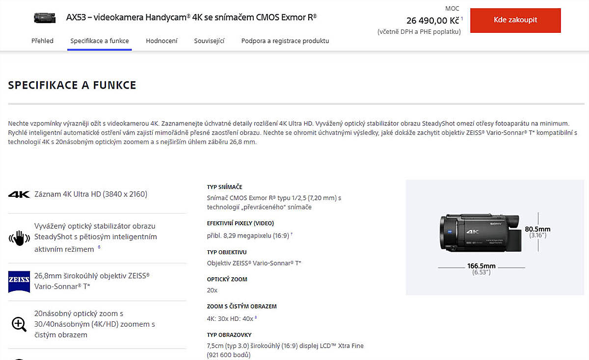 Specifikace Videokamery Sony FDR-AX53 z čs. Webu Specifikace Videokamery Sony FDR-AX53 z čs. Webu
