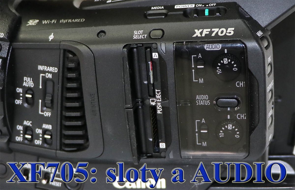 Videokamera Canon XF705: detail slotů a AUDIO Videokamera Canon XF705: detail slotů a AUDIO