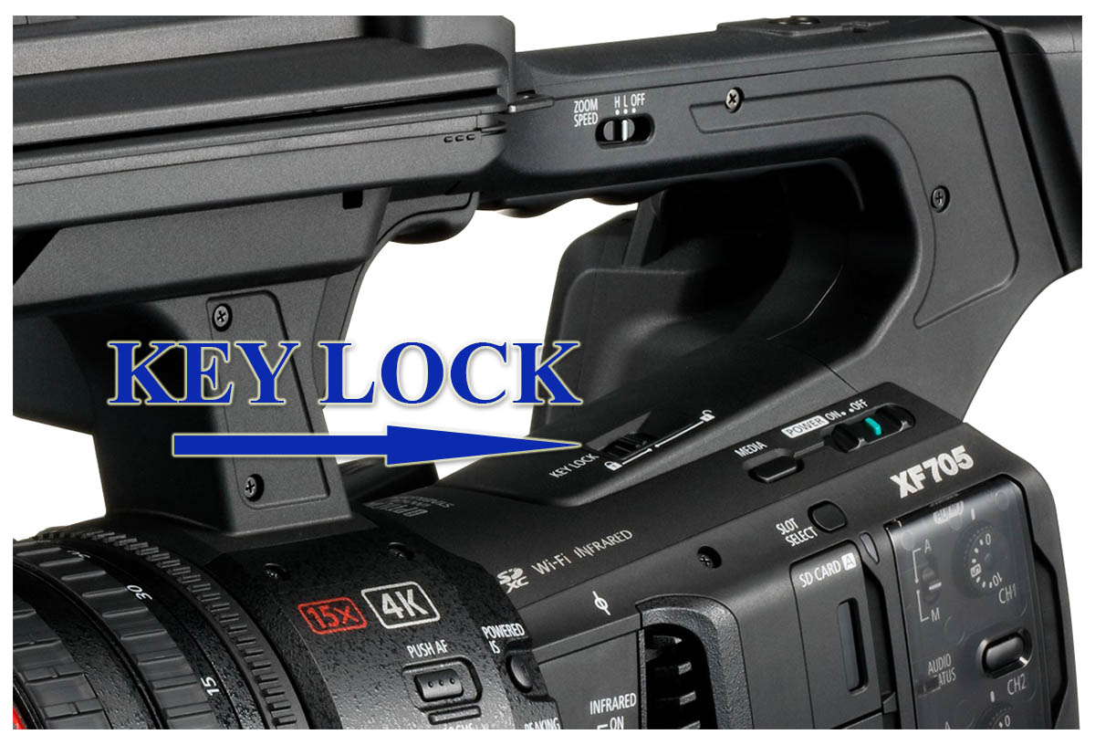 Canon XF705: Detail zámku tlačítek KEY LOCK... Canon XF705: Detail zámku tlačítek KEY LOCK...